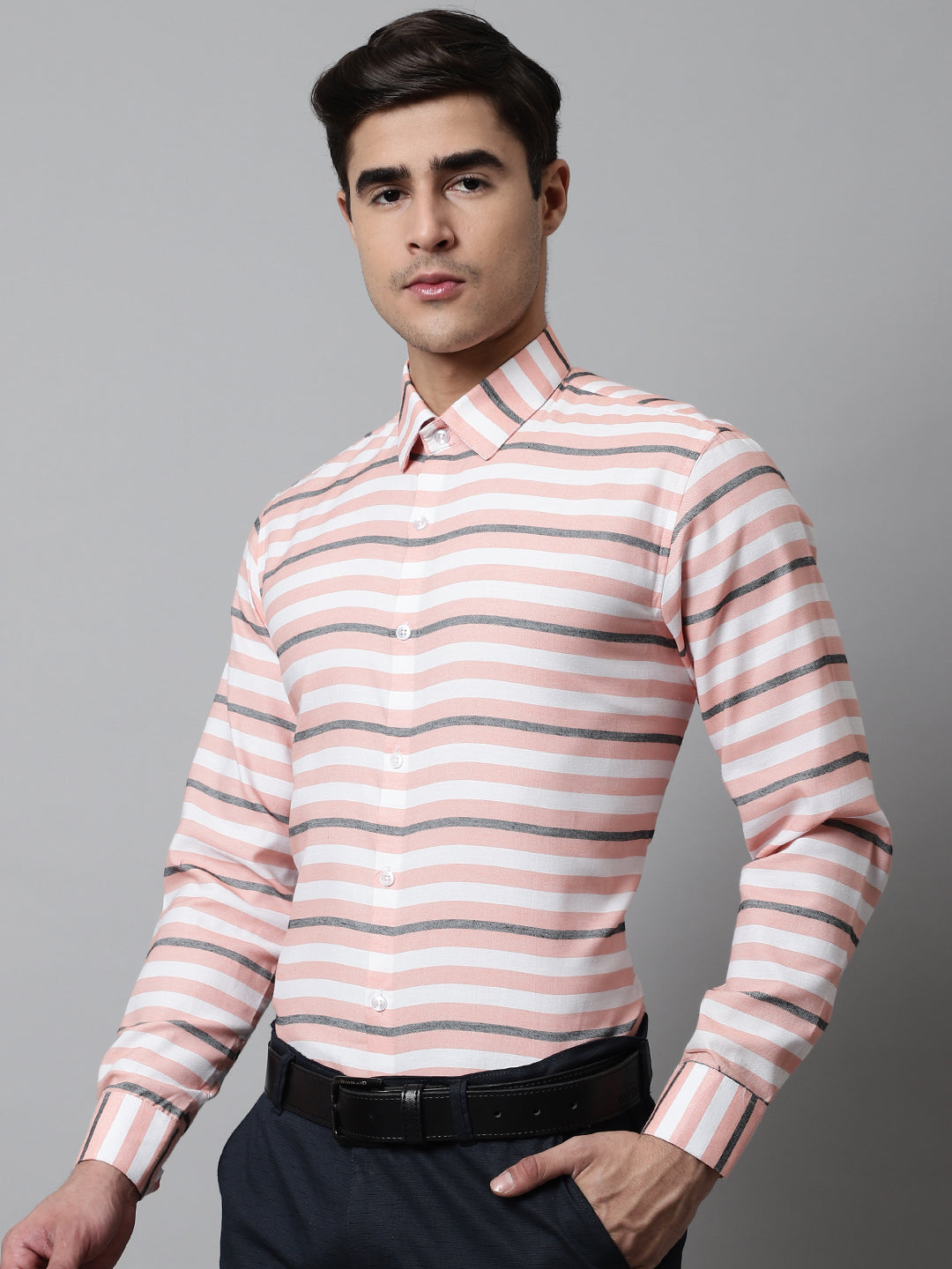 Jainish Men's Peach Classic Horizontal Striped Formal Shirt
