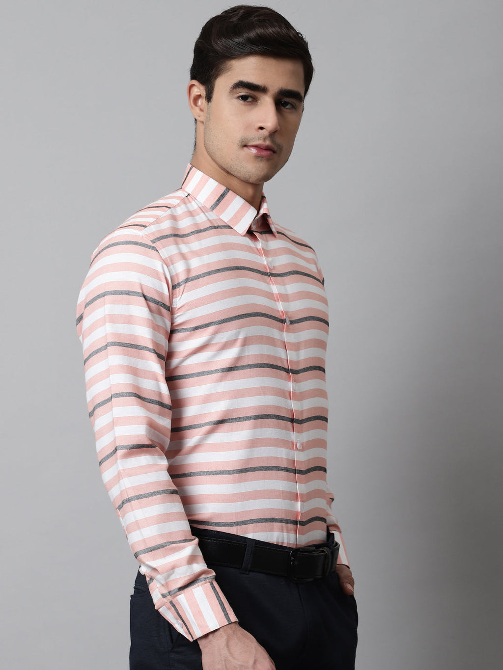 Jainish Men's Peach Classic Horizontal Striped Formal Shirt