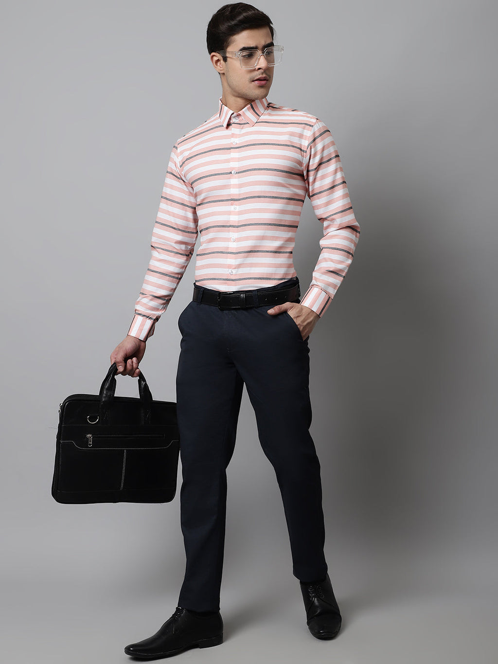 Jainish Men's Peach Classic Horizontal Striped Formal Shirt