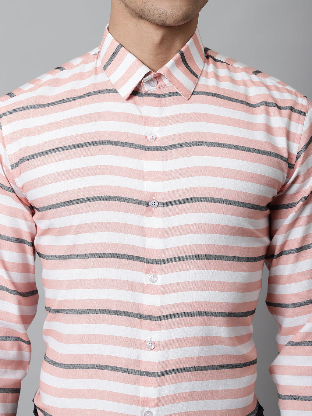 Jainish Men's Peach Classic Horizontal Striped Formal Shirt