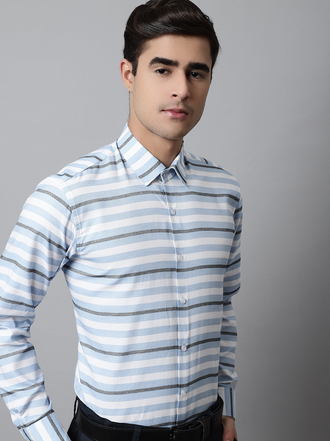Jainish Men's Sky Classic Horizontal Striped Formal Shirt
