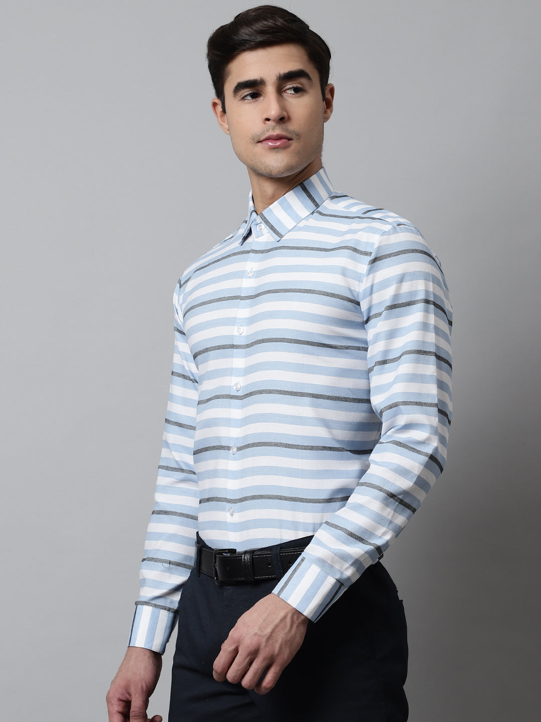 Jainish Men's Sky Classic Horizontal Striped Formal Shirt