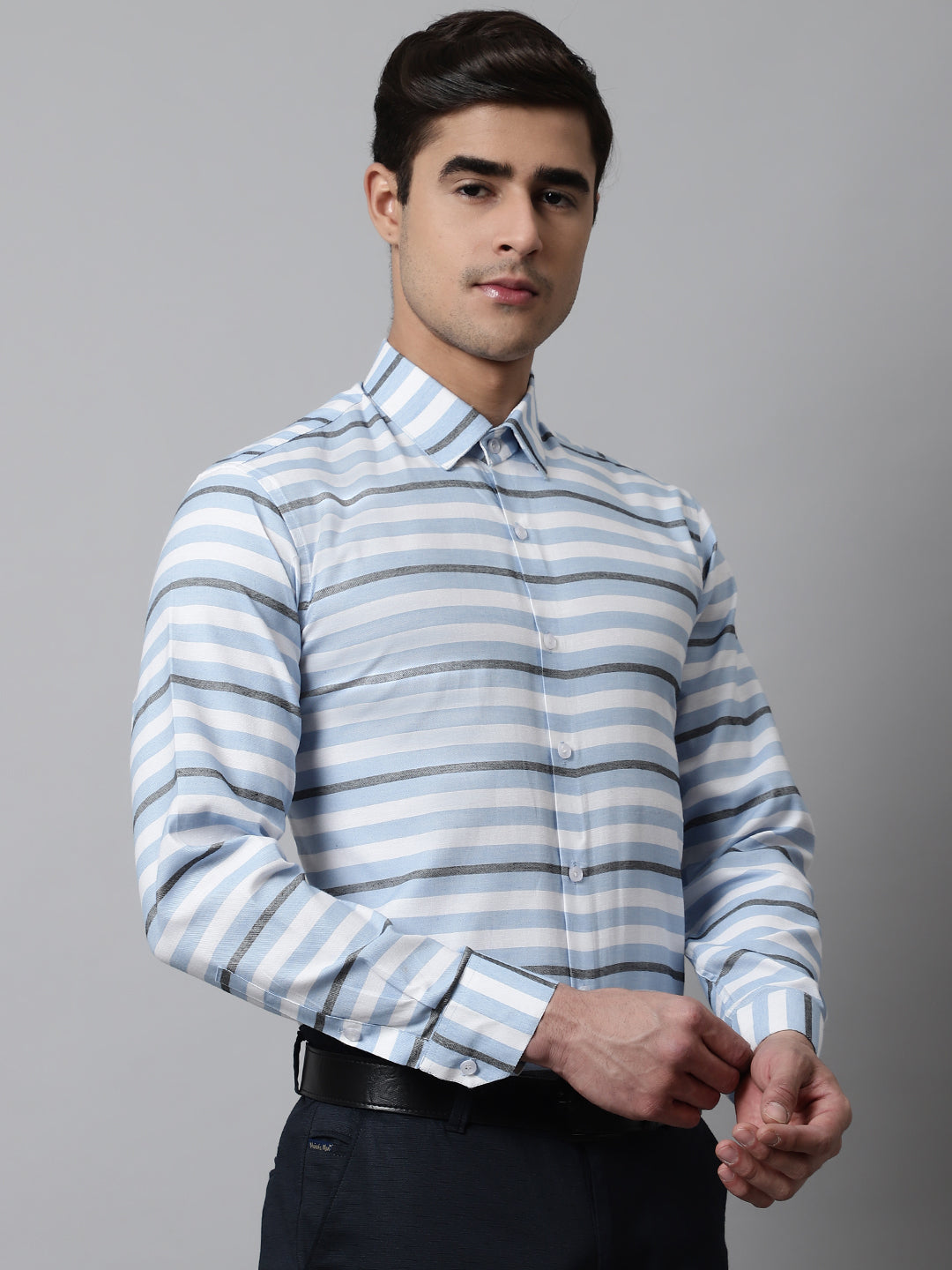 Jainish Men's Sky Classic Horizontal Striped Formal Shirt