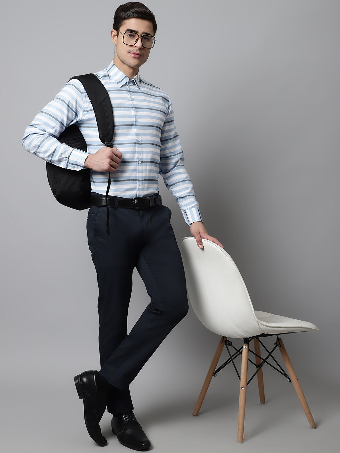 Jainish Men's Sky Classic Horizontal Striped Formal Shirt