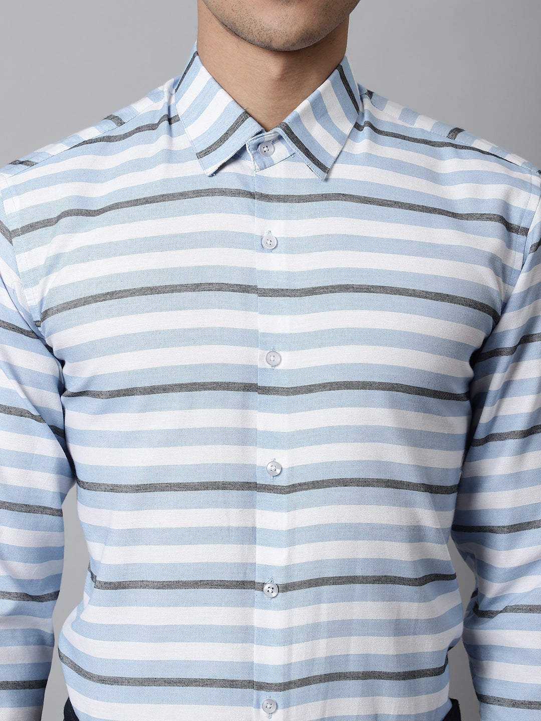 Jainish Men's Sky Classic Horizontal Striped Formal Shirt