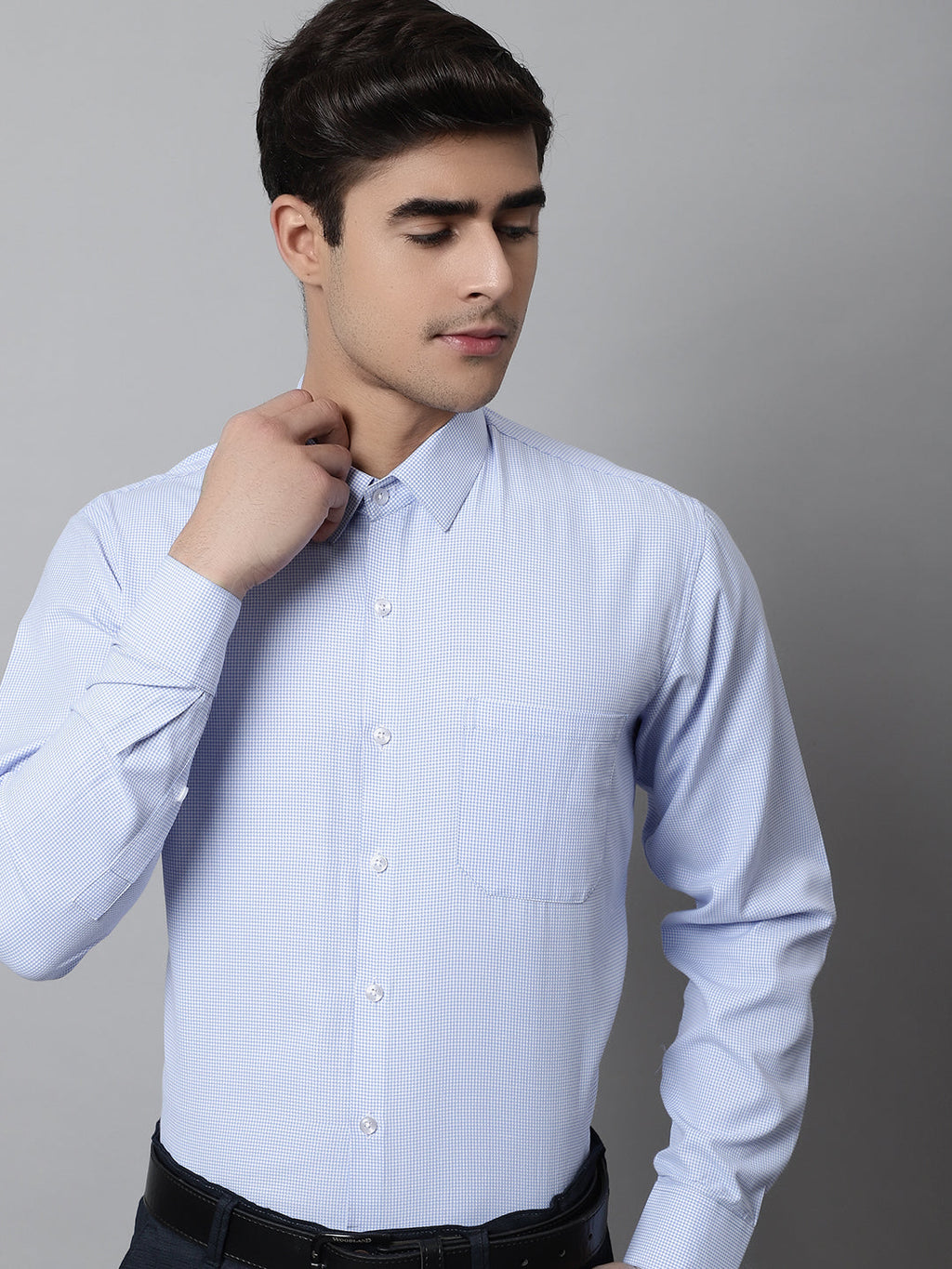 Jainish Men's Light Blue Checks Pure Cotton Formal Shirt