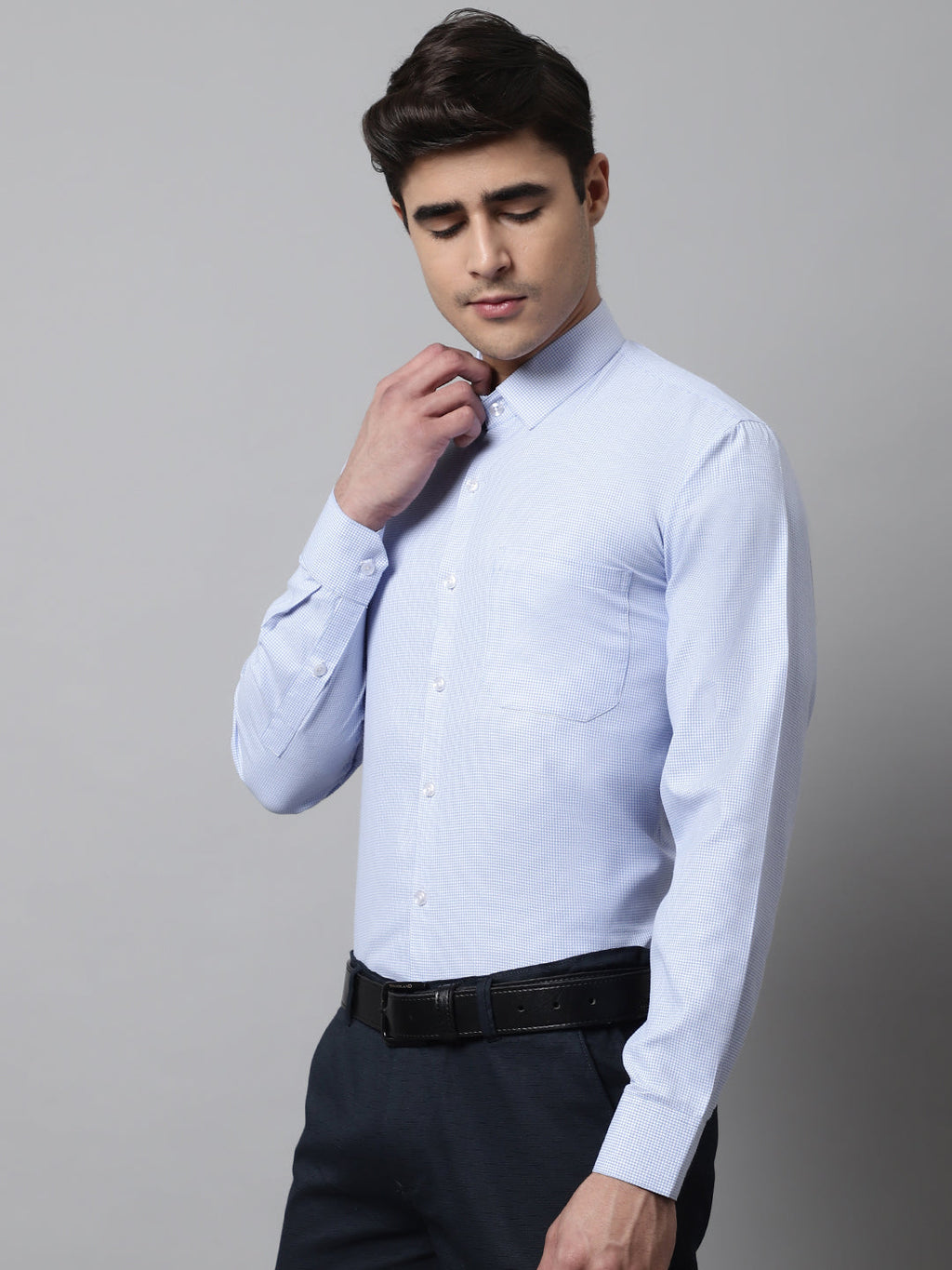 Jainish Men's Light Blue Checks Pure Cotton Formal Shirt