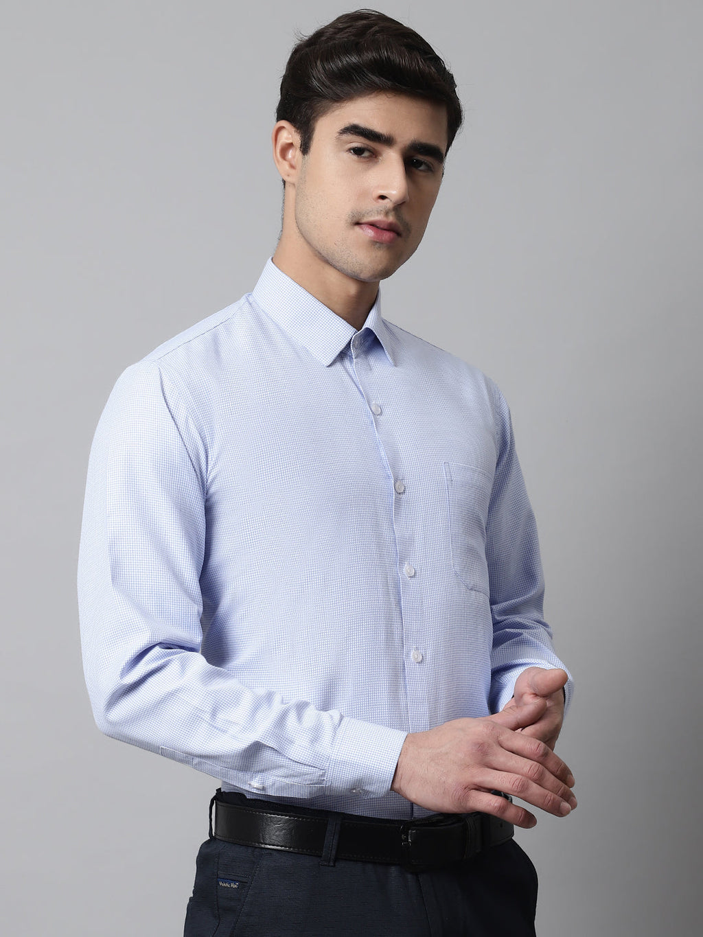 Jainish Men's Light Blue Checks Pure Cotton Formal Shirt