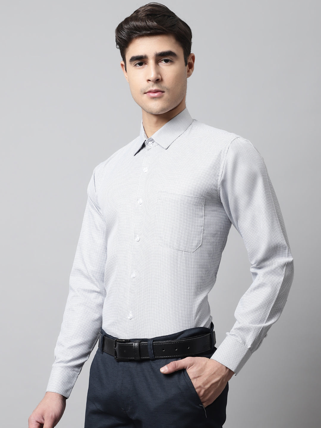 Jainish Men's Light Grey Checks Pure Cotton Formal Shirt