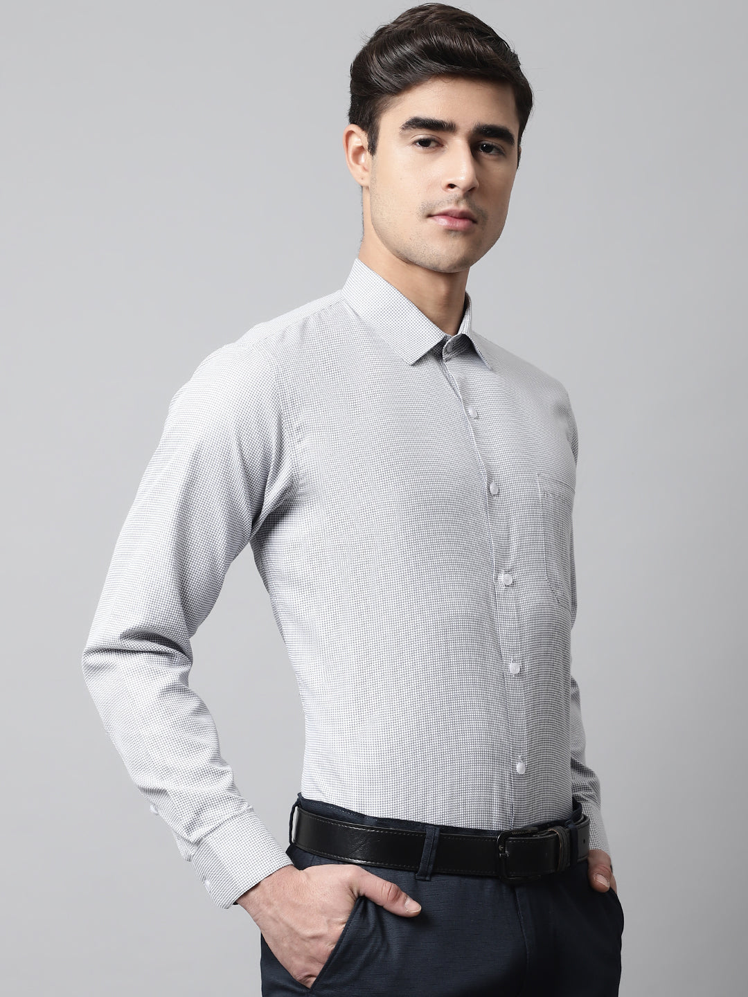 Jainish Men's Light Grey Checks Pure Cotton Formal Shirt