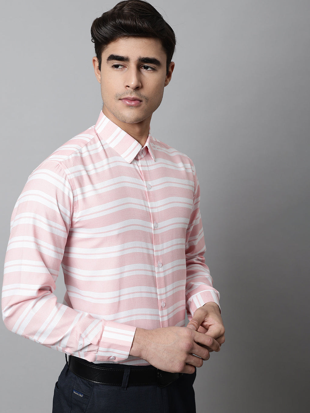 Jainish Men's Peach Classic Horizontal Striped Formal Shirt