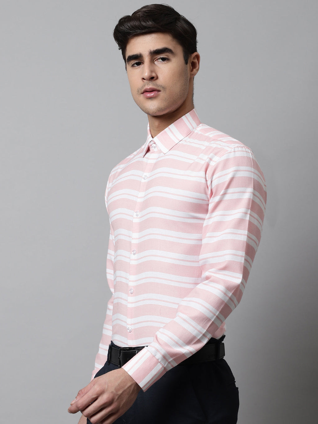 Jainish Men's Peach Classic Horizontal Striped Formal Shirt