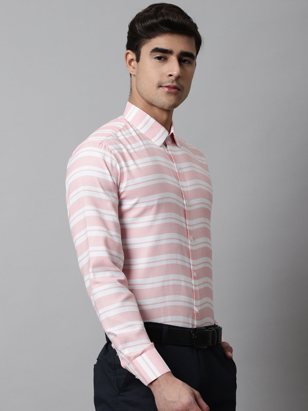 Jainish Men's Peach Classic Horizontal Striped Formal Shirt
