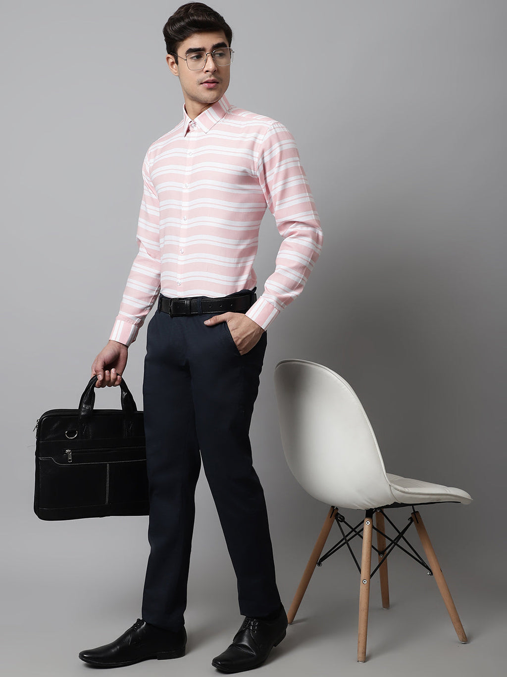 Jainish Men's Peach Classic Horizontal Striped Formal Shirt
