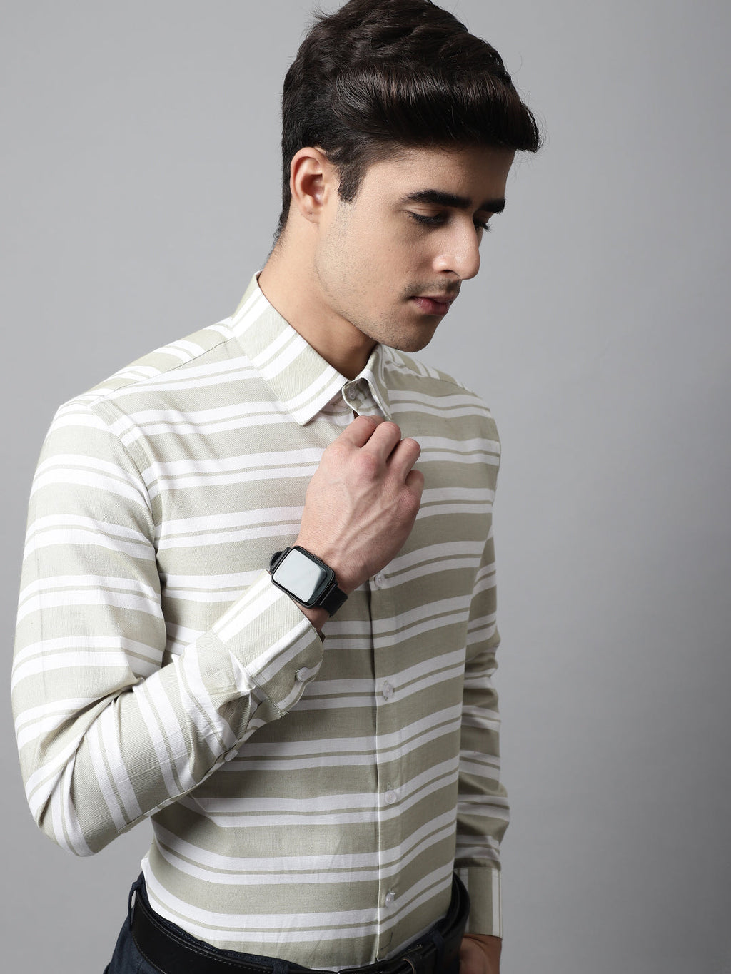 Jainish Men's Pista Green Classic Horizontal Striped Formal Shirt