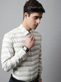 Jainish Men's Pista Green Classic Horizontal Striped Formal Shirt