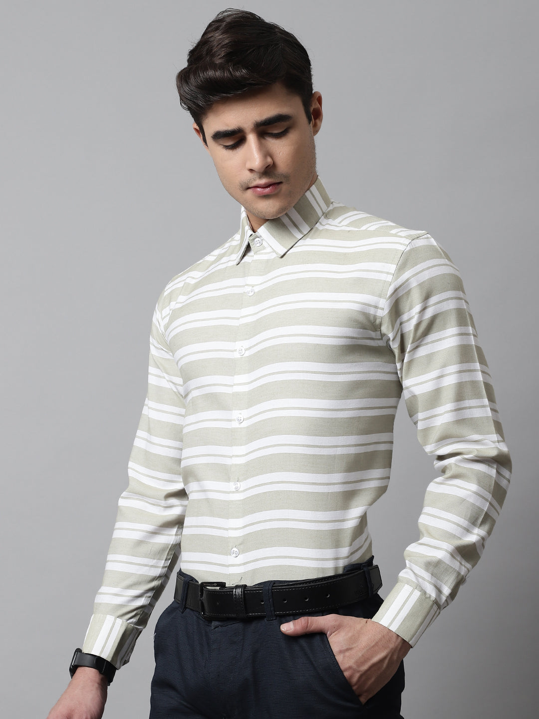Jainish Men's Pista Green Classic Horizontal Striped Formal Shirt
