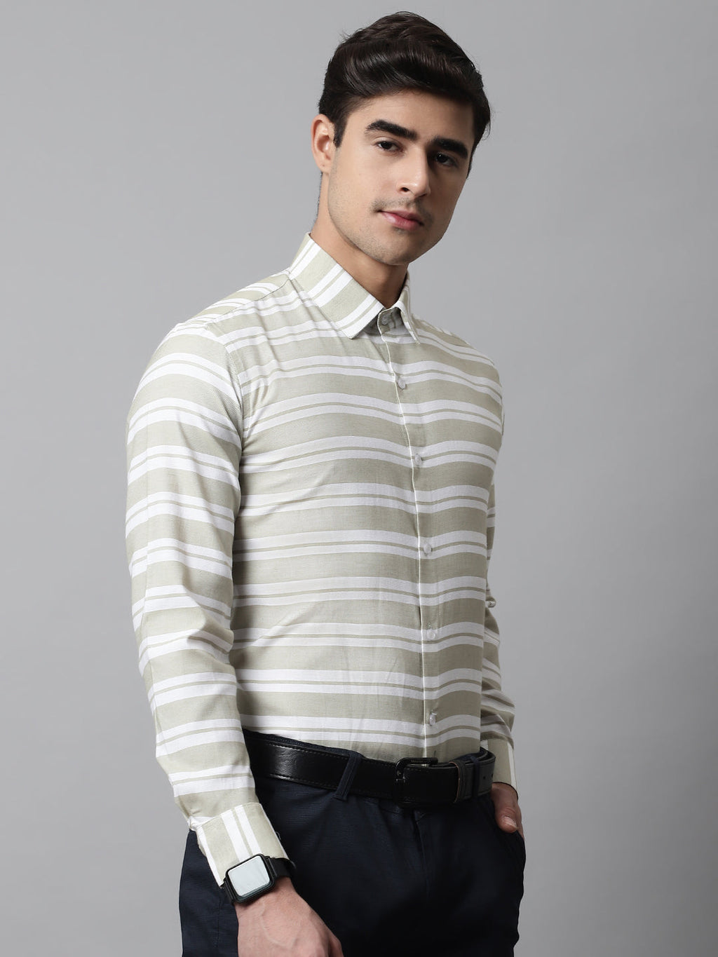 Jainish Men's Pista Green Classic Horizontal Striped Formal Shirt