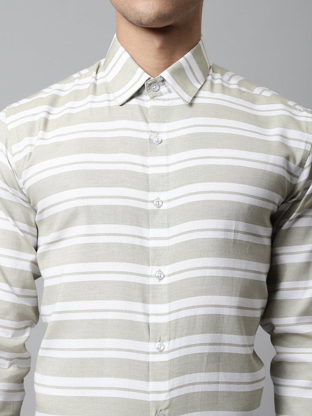 Jainish Men's Pista Green Classic Horizontal Striped Formal Shirt