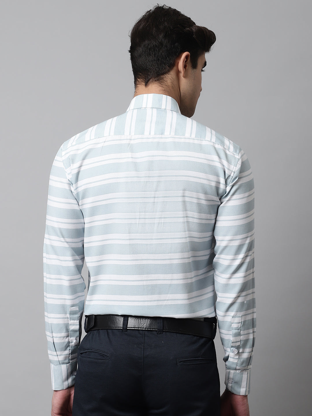 Jainish Men's Sky Blue Classic Horizontal Striped Formal Shirt