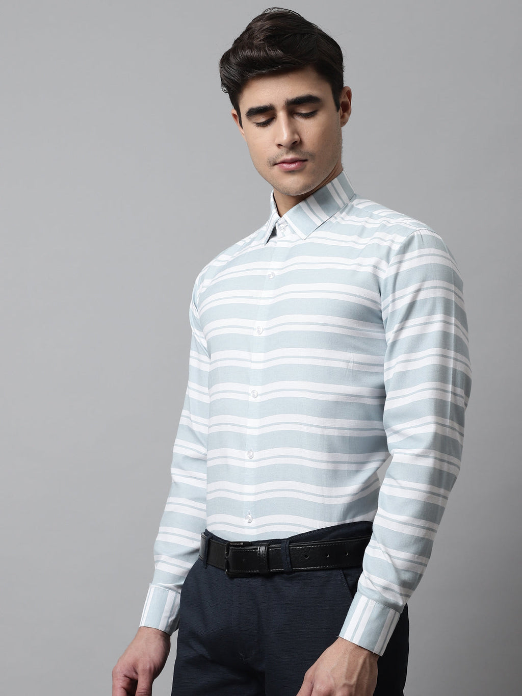 Jainish Men's Sky Blue Classic Horizontal Striped Formal Shirt