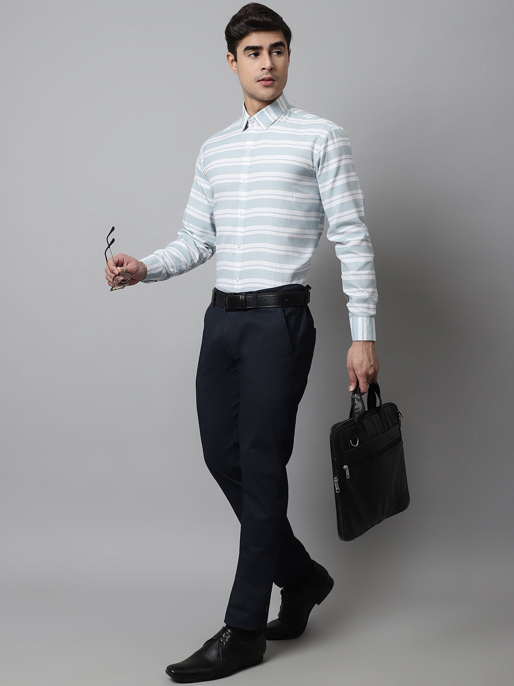 Jainish Men's Sky Blue Classic Horizontal Striped Formal Shirt