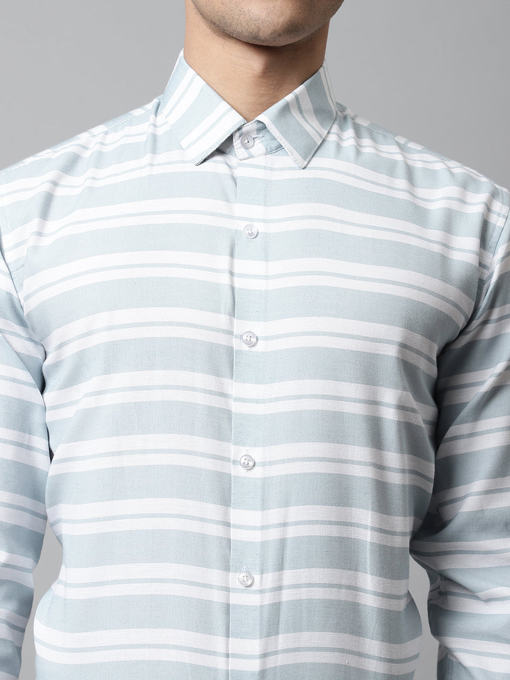 Jainish Men's Sky Blue Classic Horizontal Striped Formal Shirt