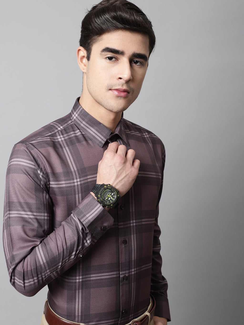 Jainish Men's Brown Checks Regular Fit Cotton Formal Shirt