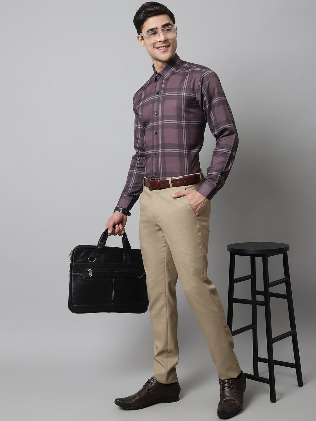 Jainish Men's Brown Checks Regular Fit Cotton Formal Shirt