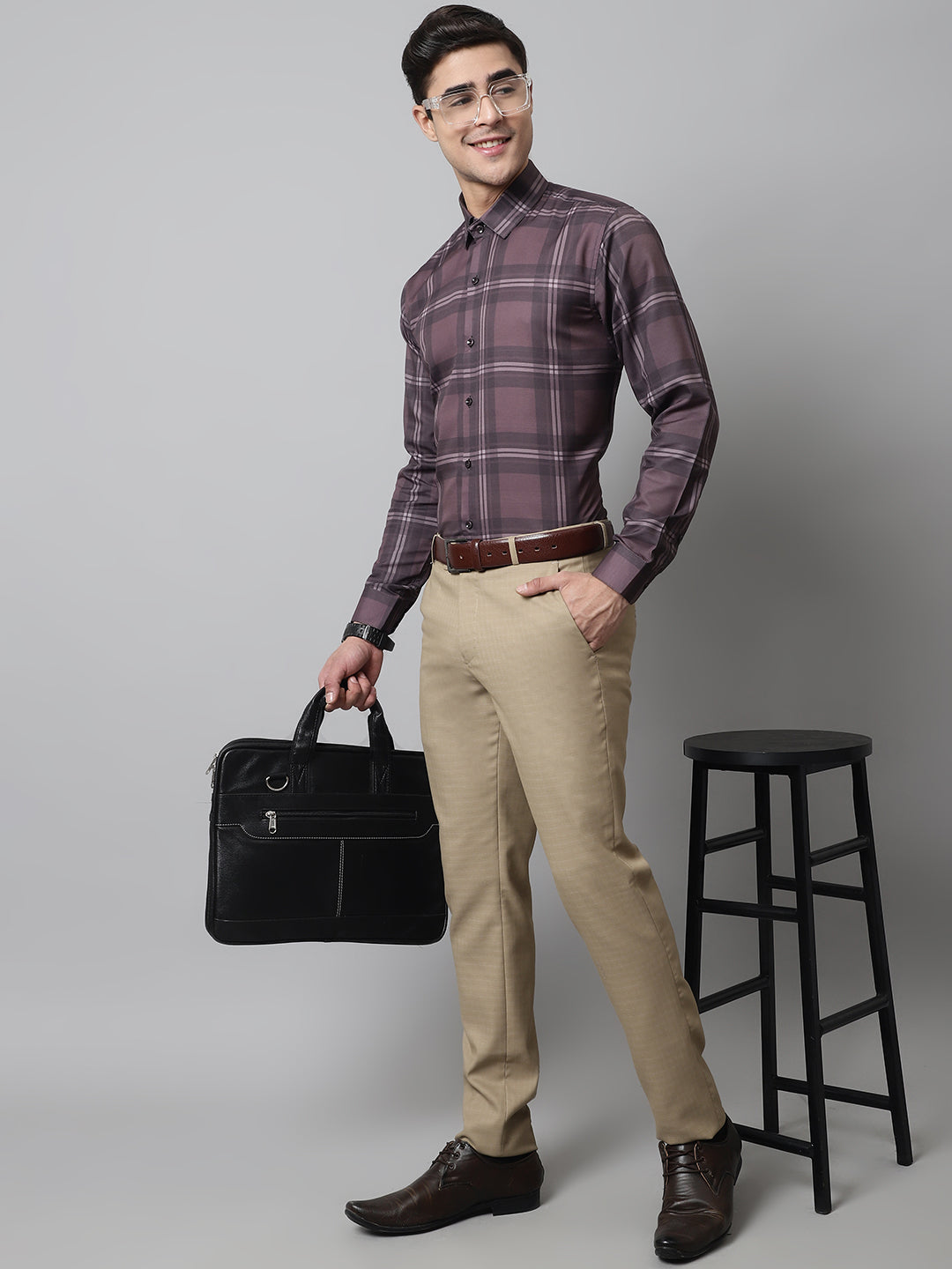 Jainish Men's Brown Checks Regular Fit Cotton Formal Shirt