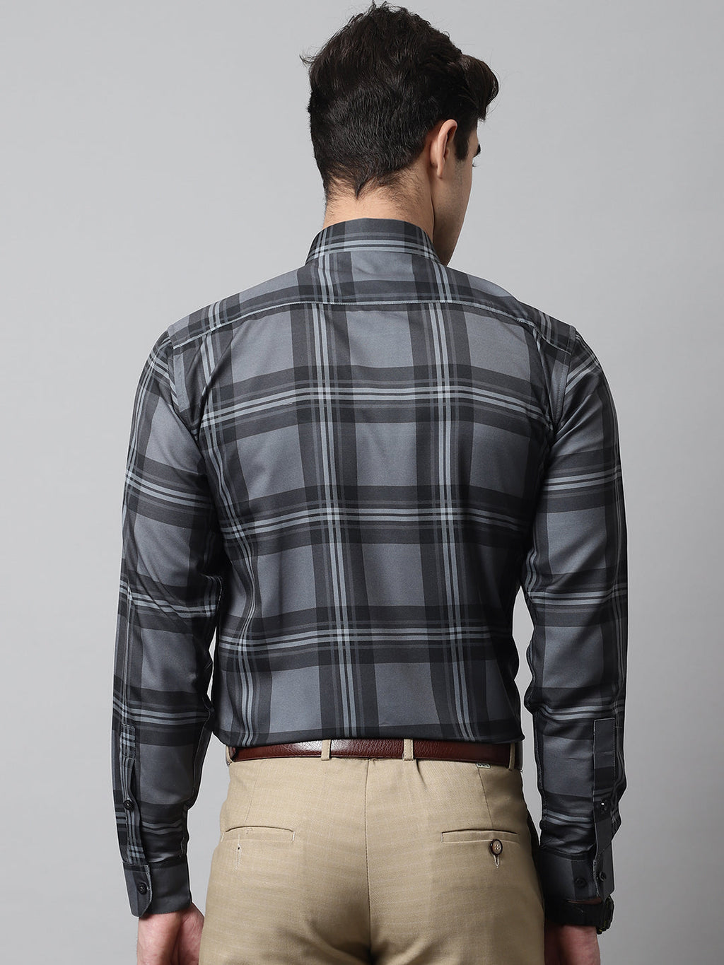 Jainish Men's Charcoal Grey Checks Regular Fit Cotton Formal Shirt