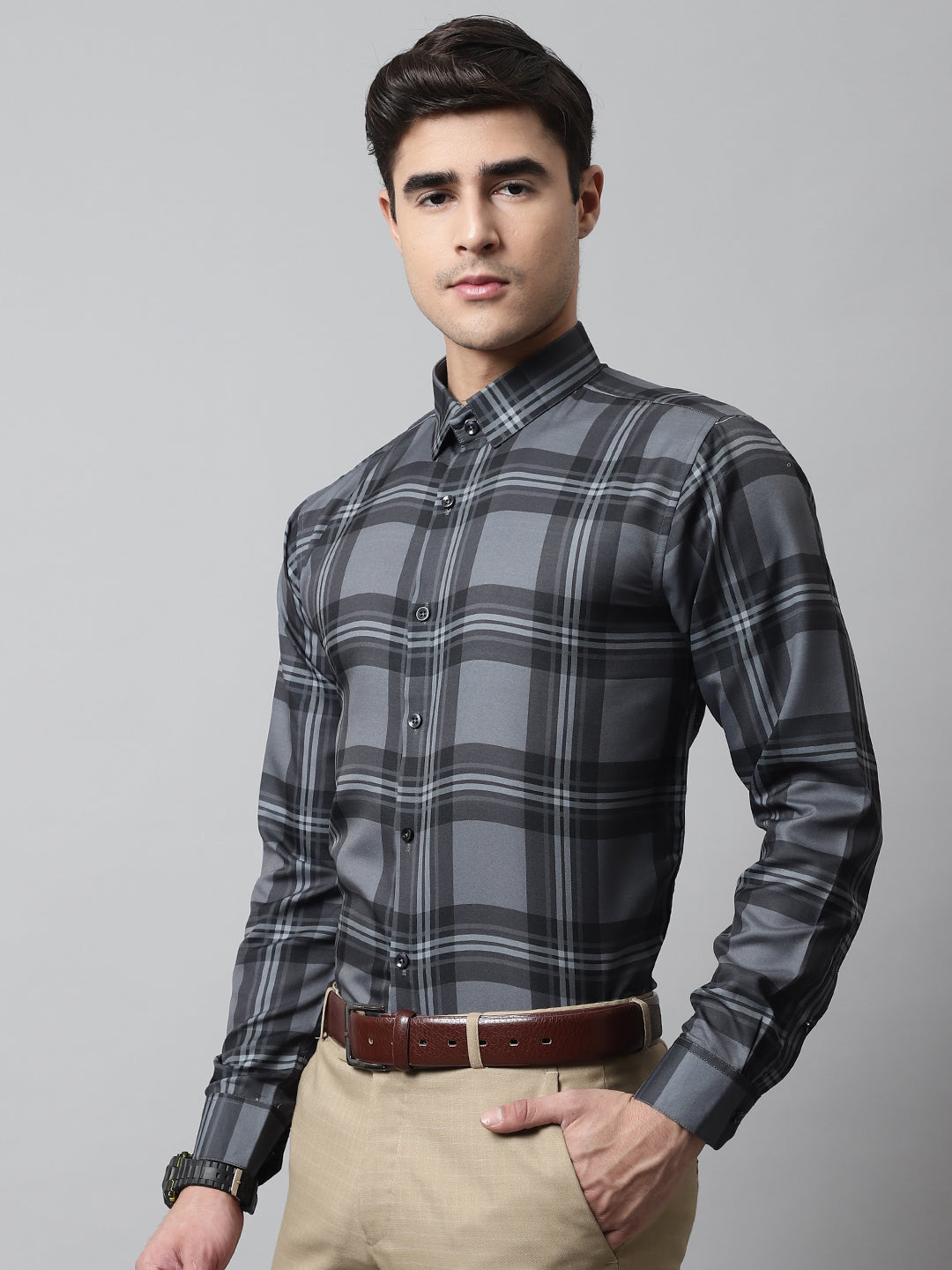 Jainish Men's Charcoal Grey Checks Regular Fit Cotton Formal Shirt