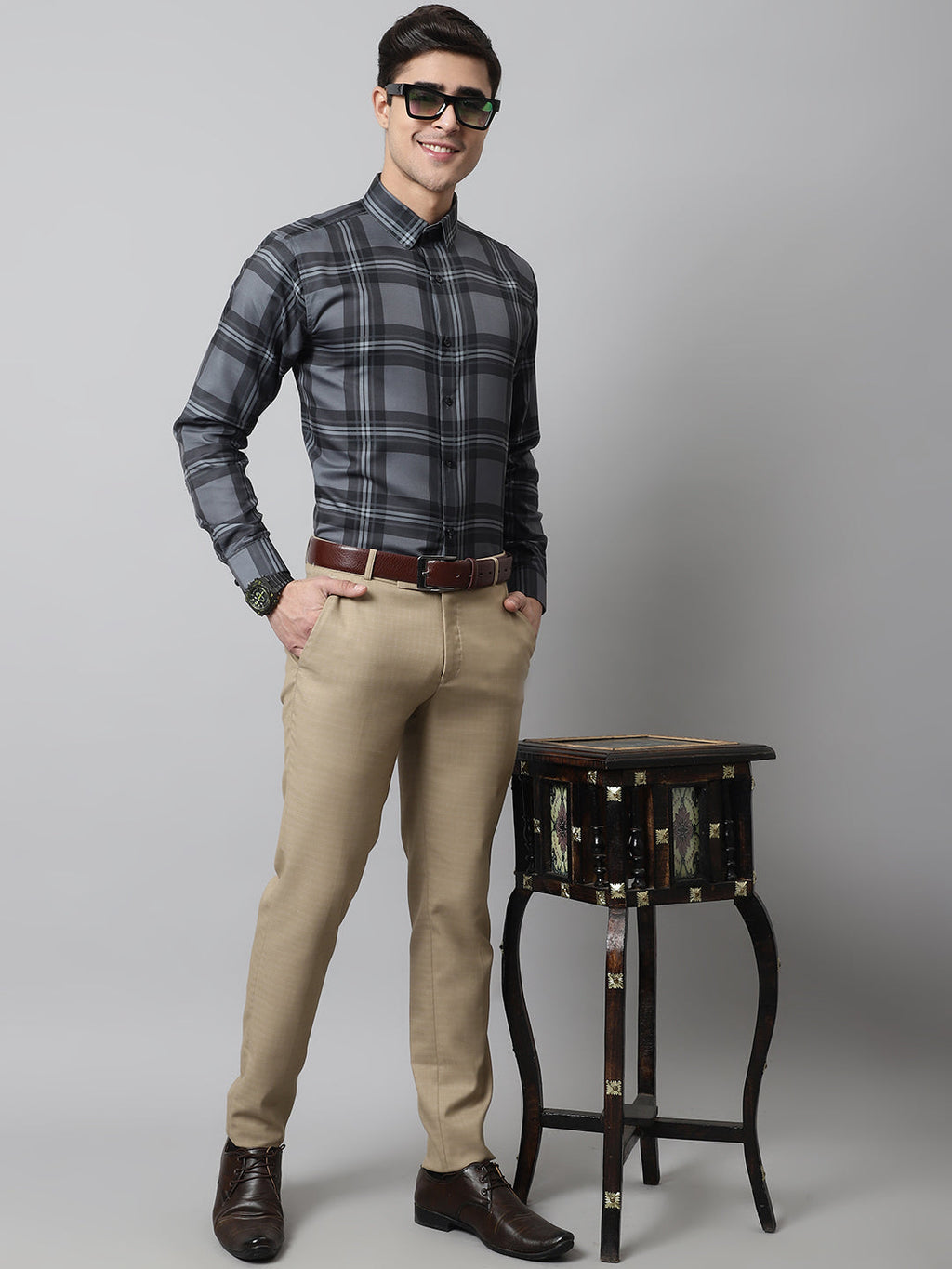 Jainish Men's Charcoal Grey Checks Regular Fit Cotton Formal Shirt