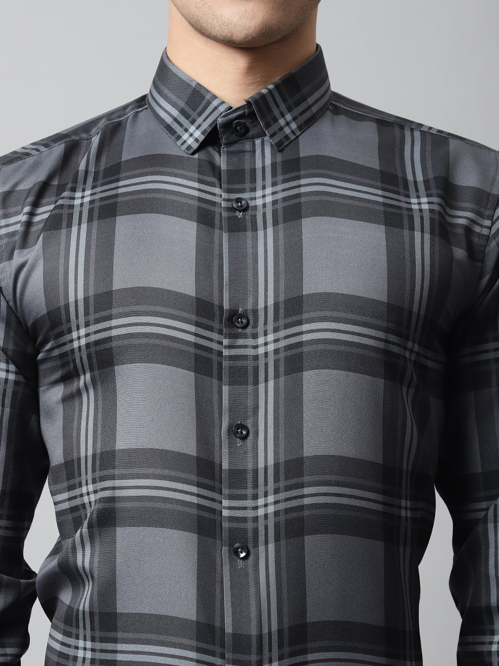 Jainish Men's Charcoal Grey Checks Regular Fit Cotton Formal Shirt