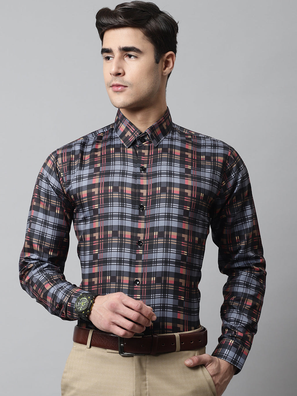 Jainish Men's Grey Checks Regular Fit Cotton Formal Shirt