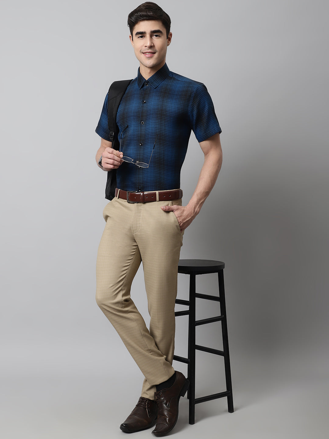Jainish Men's Peacock Checks Regular Fit Cotton Formal Shirt