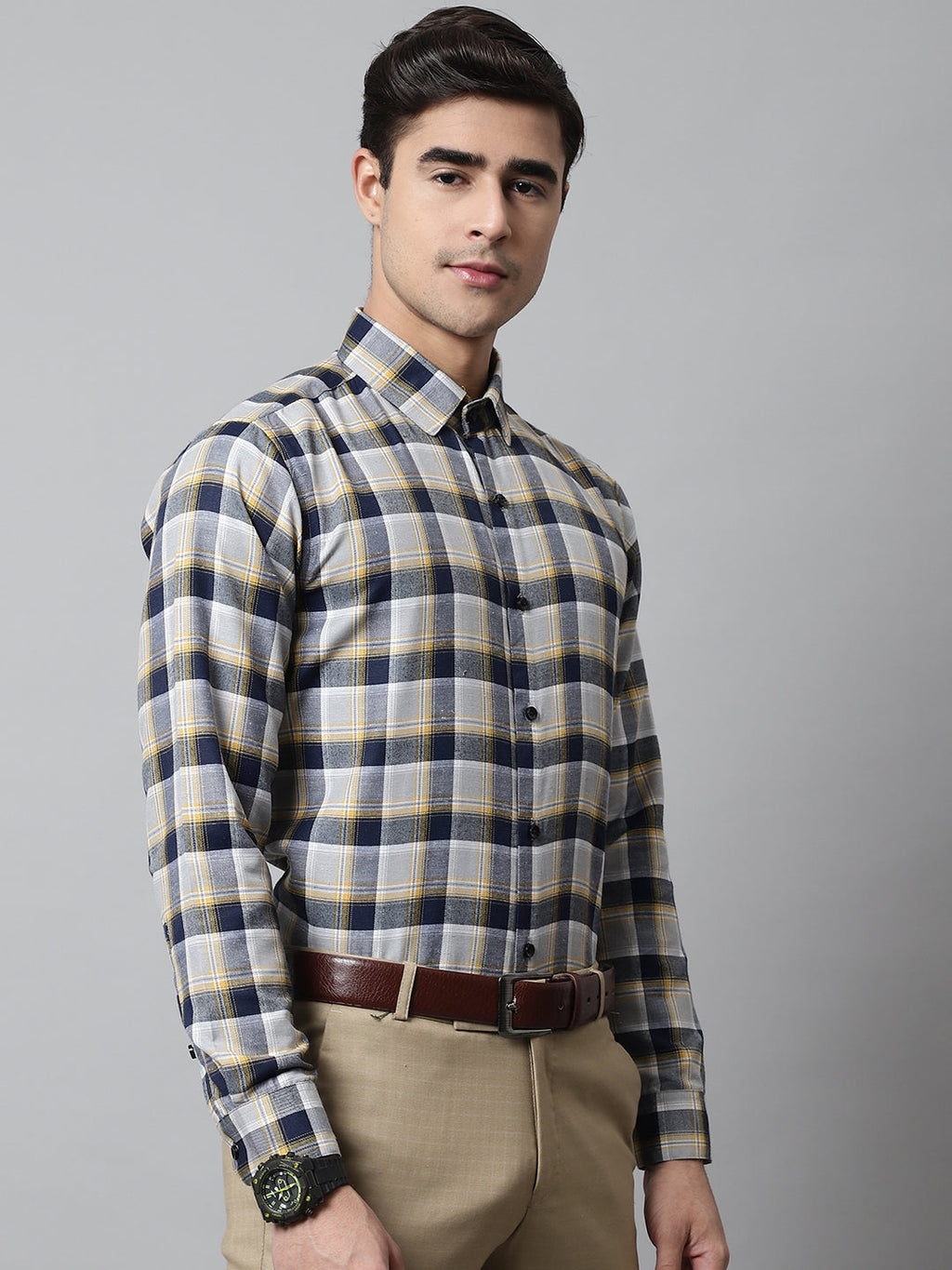 Jainish Men's Navy Blue and Grey Checks Regular Fit Cotton Formal Shirt