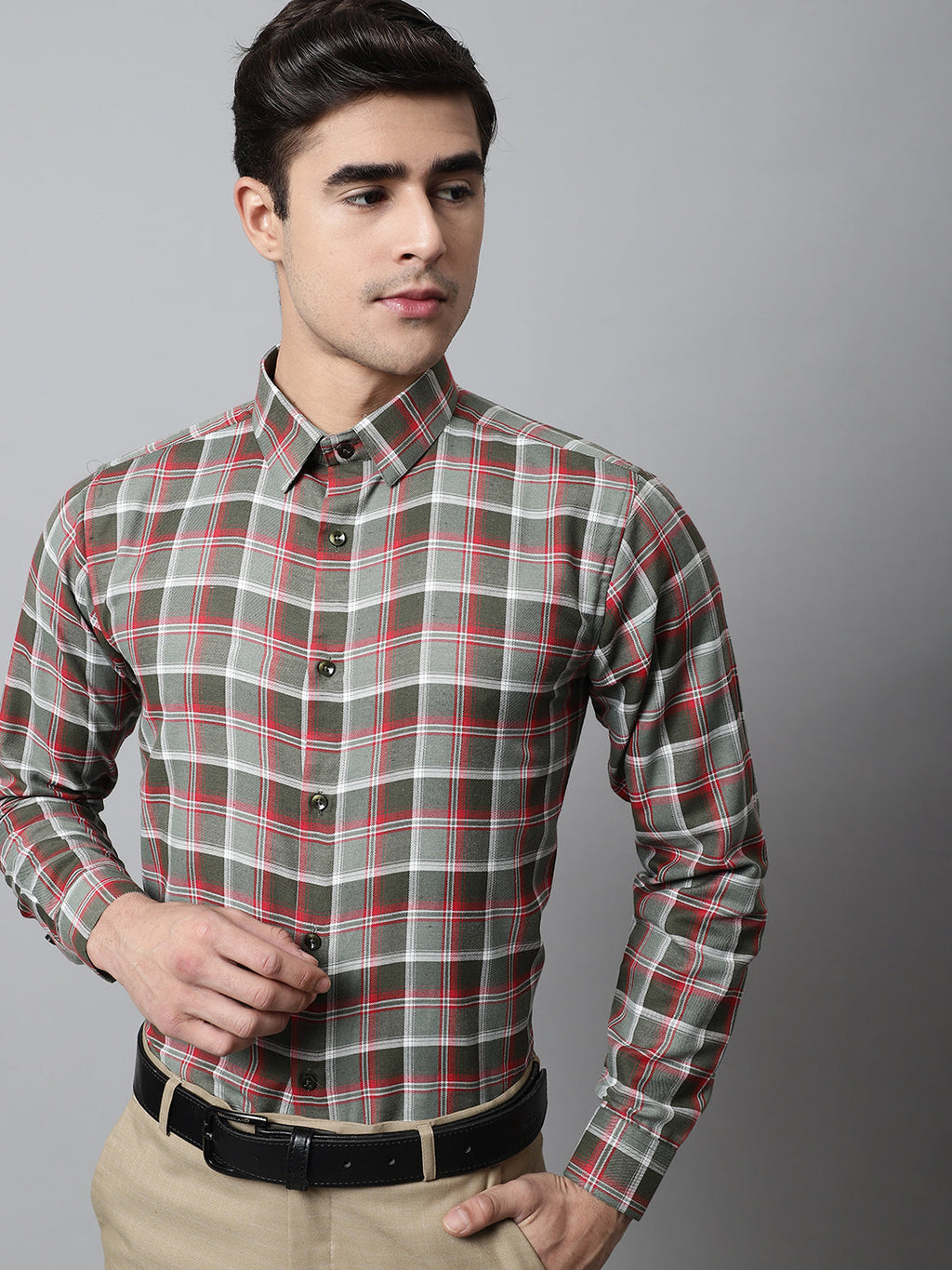 Jainish Men's Olive and Red Checks Regular Fit Cotton Formal Shirt