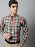 Jainish Men's Olive and Red Checks Regular Fit Cotton Formal Shirt