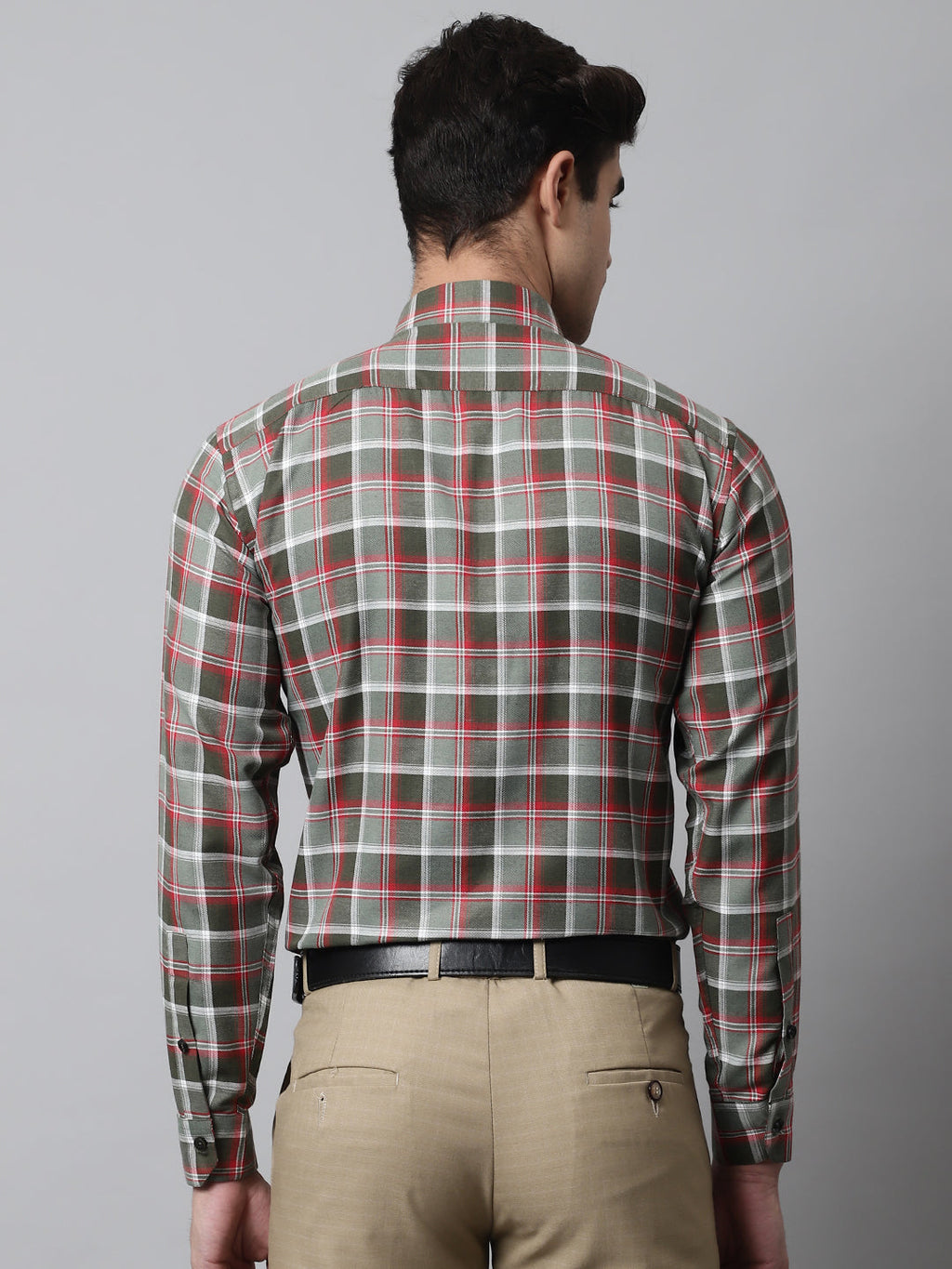 Jainish Men's Olive and Red Checks Regular Fit Cotton Formal Shirt