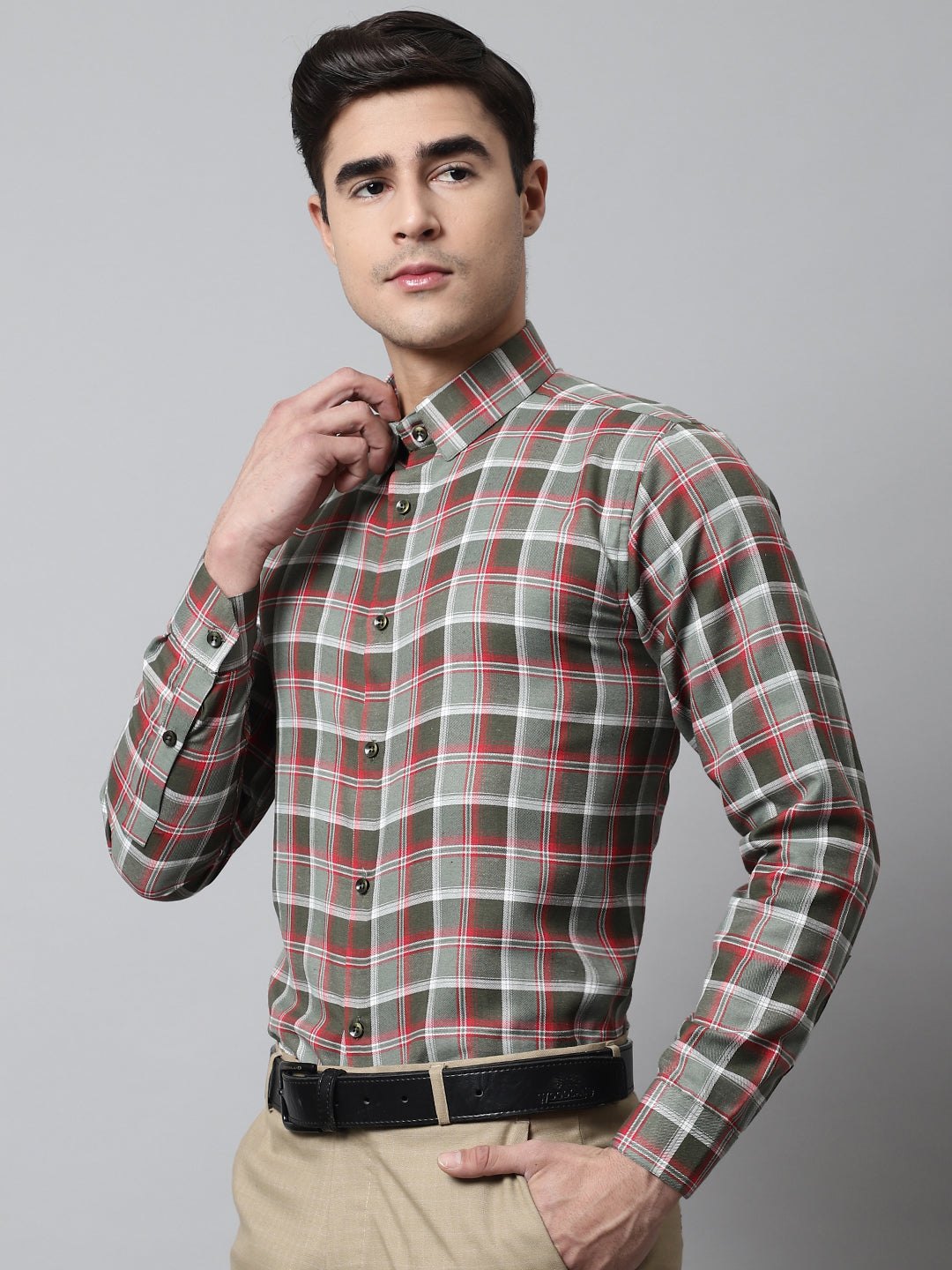 Jainish Men's Olive and Red Checks Regular Fit Cotton Formal Shirt