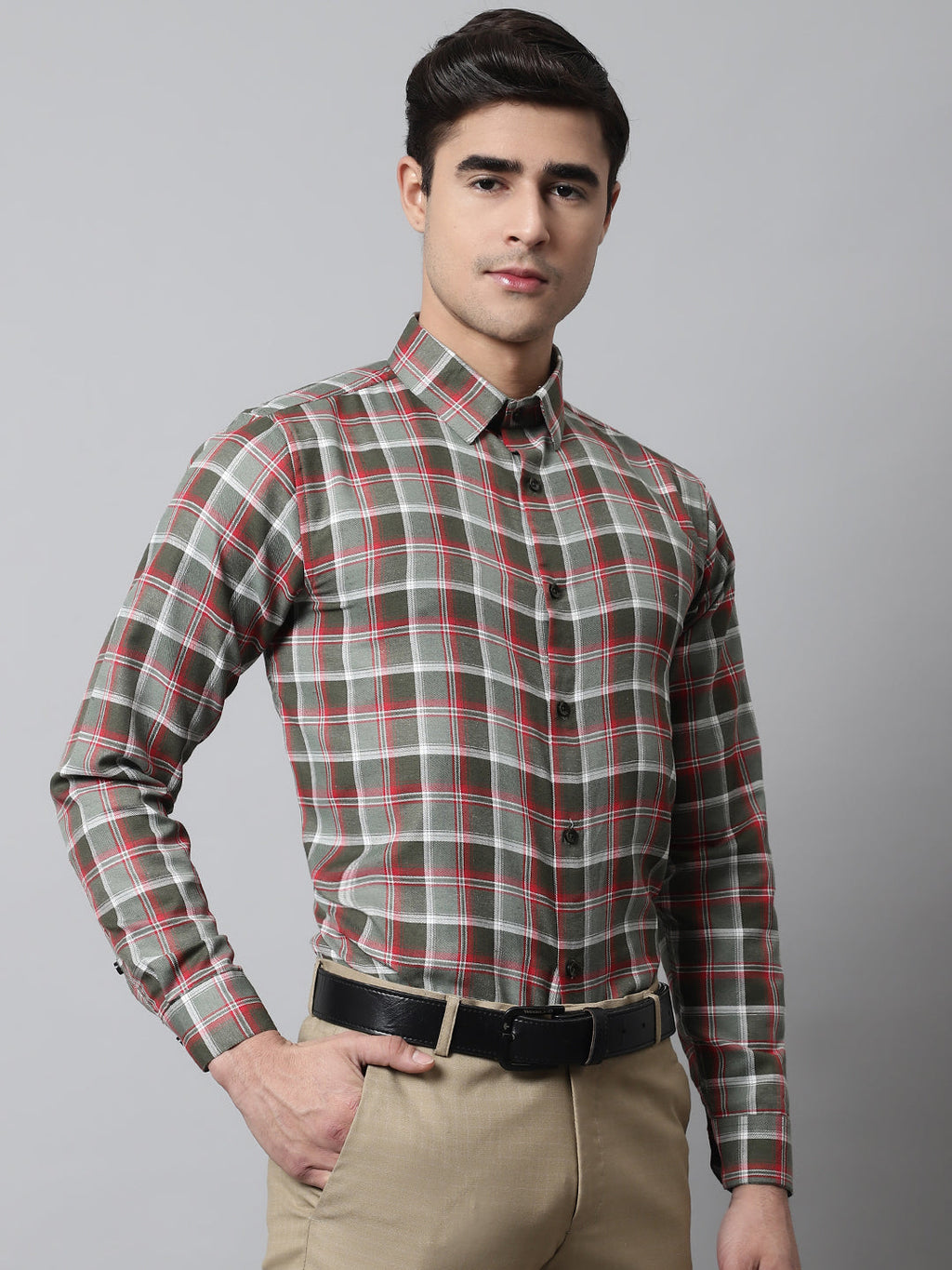 Jainish Men's Olive and Red Checks Regular Fit Cotton Formal Shirt
