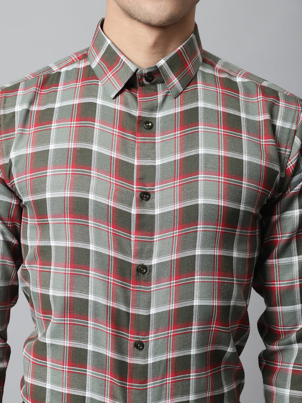 Jainish Men's Olive and Red Checks Regular Fit Cotton Formal Shirt