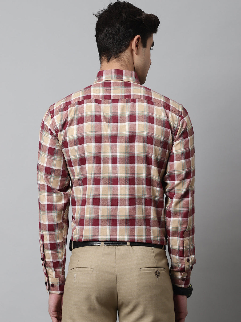 Jainish Men's Red and Beige Checks Regular Fit Cotton Formal Shirt