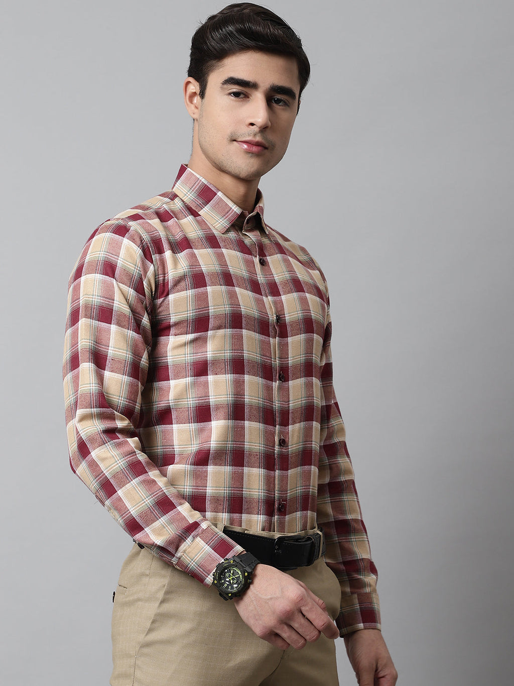 Jainish Men's Red and Beige Checks Regular Fit Cotton Formal Shirt