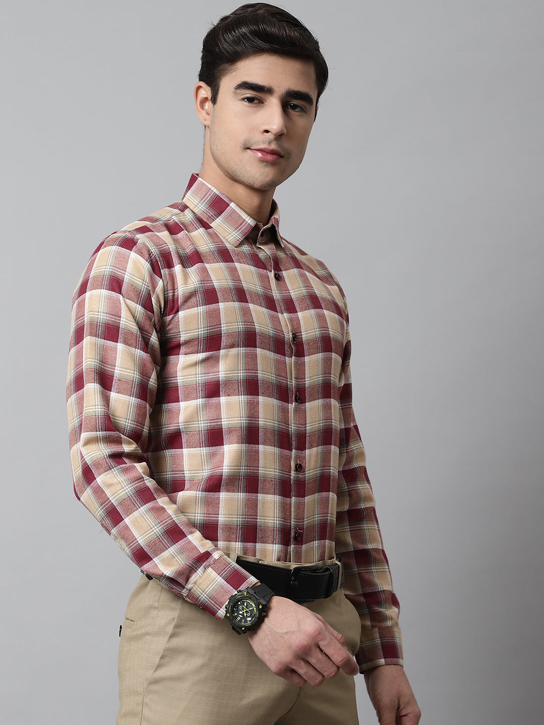 Jainish Men's Red and Beige Checks Regular Fit Cotton Formal Shirt