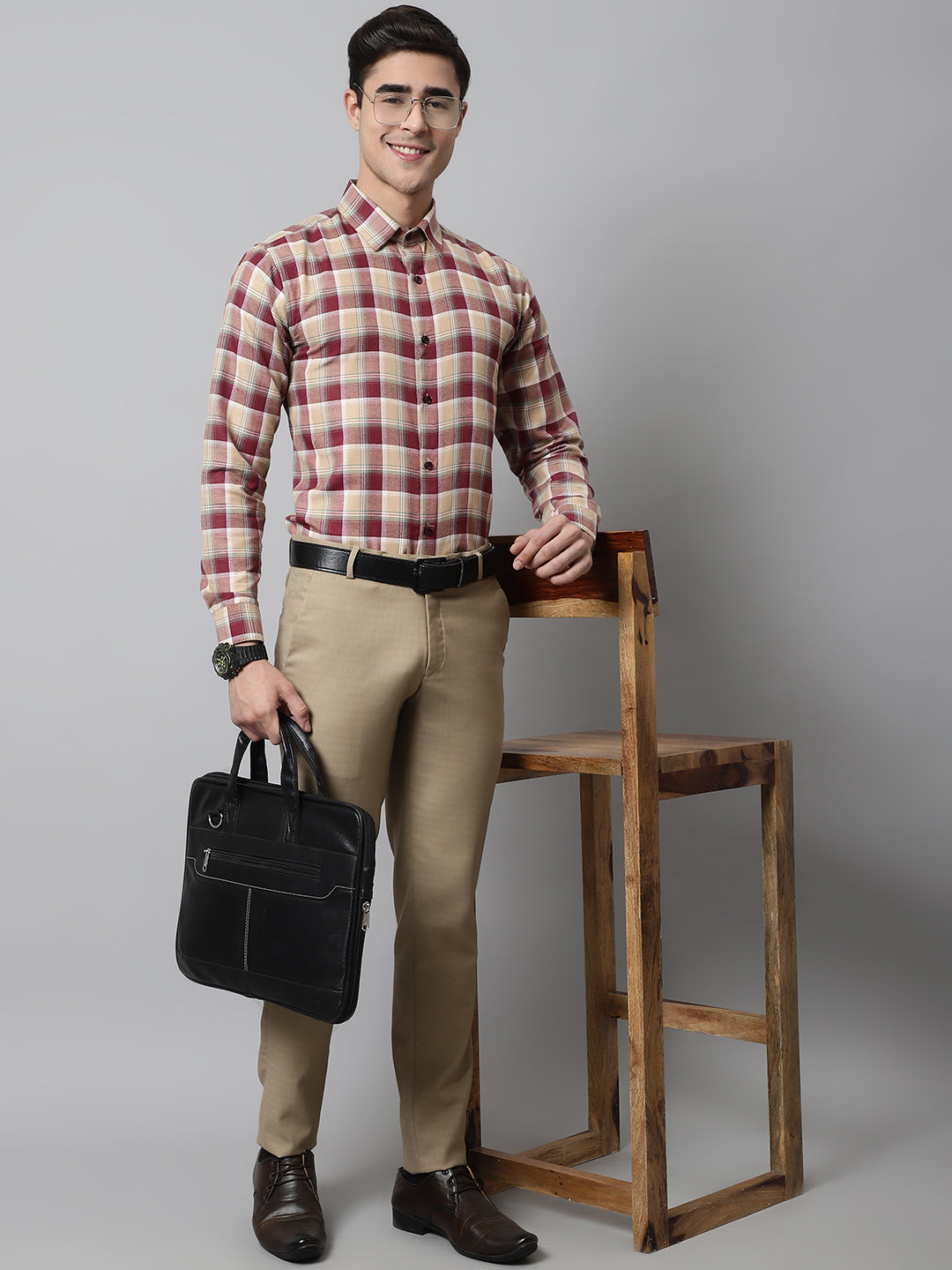 Jainish Men's Red and Beige Checks Regular Fit Cotton Formal Shirt
