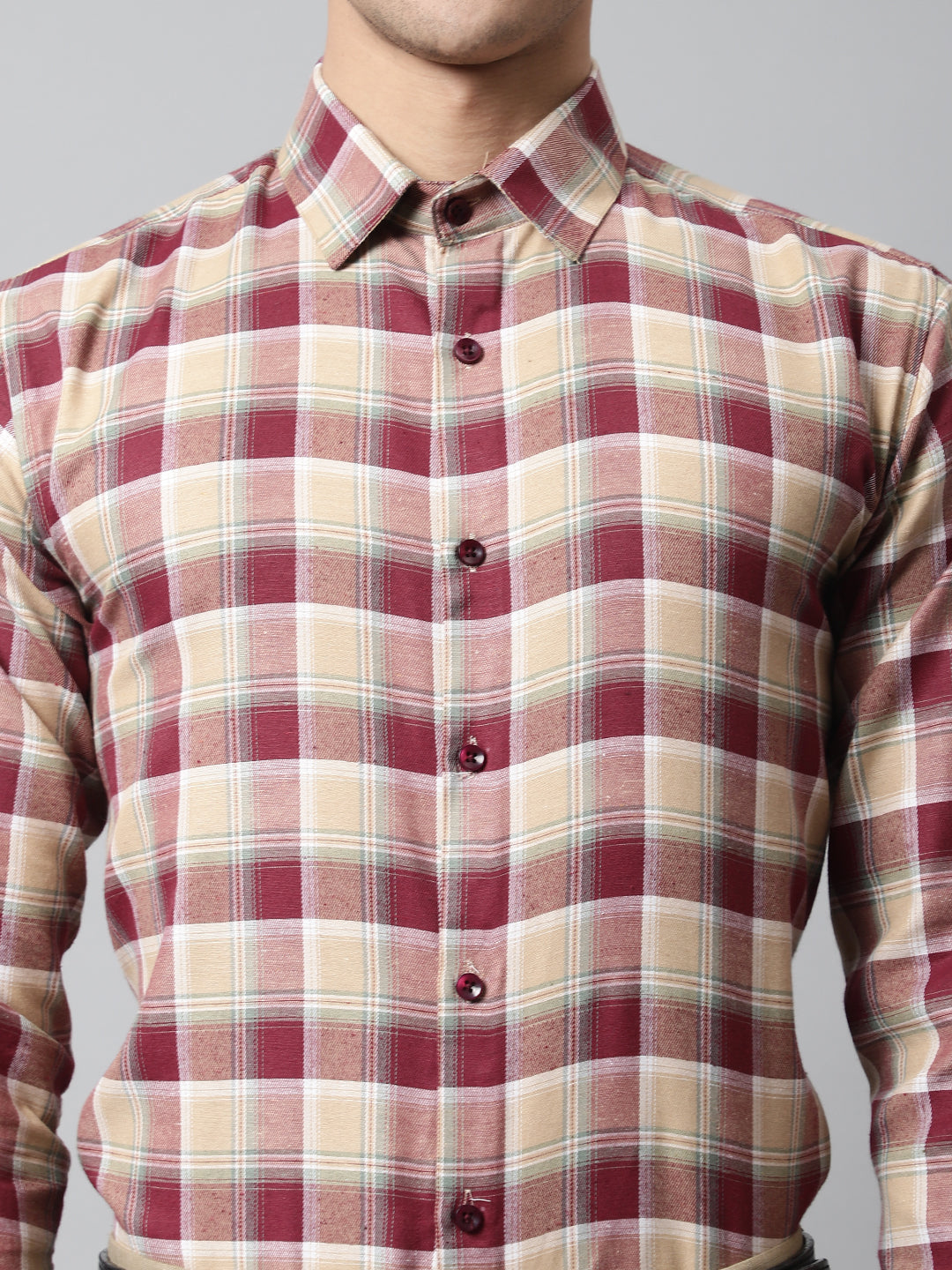 Jainish Men's Red and Beige Checks Regular Fit Cotton Formal Shirt