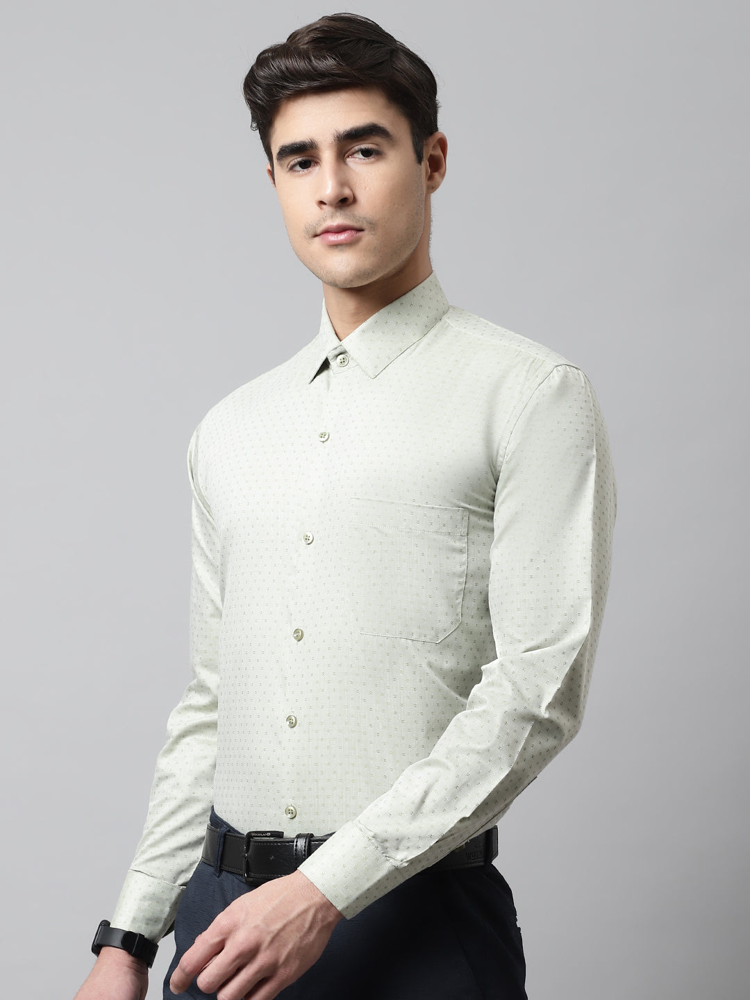 Jainish Men's Pista Green Micro Ditsy Printed Pure Cotton Formal Shirt