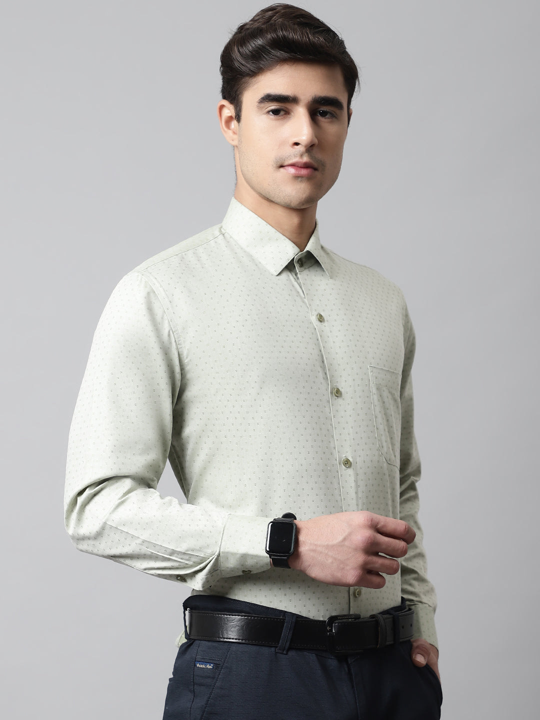 Jainish Men's Pista Green Micro Ditsy Printed Pure Cotton Formal Shirt